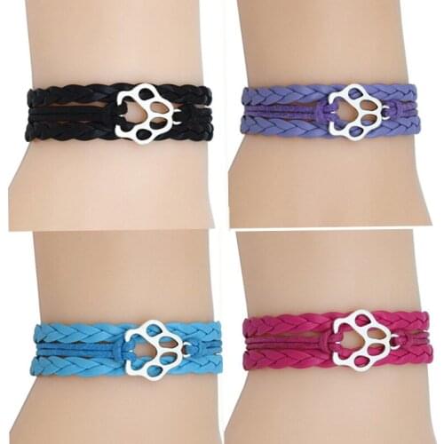 10PC/Lot Sliver Paw Charm Wrap Braid Bracelets Dog Paw Print Bracelet Multilayer Stacking Leather Women & Men Bracelets Jewelry