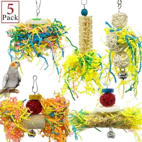 5Pcs Bird Parrot Shredding Toys Chewing Foraging Hanging Cage Paper Strings Wire Drawing Ball Toys Relieve Boredom