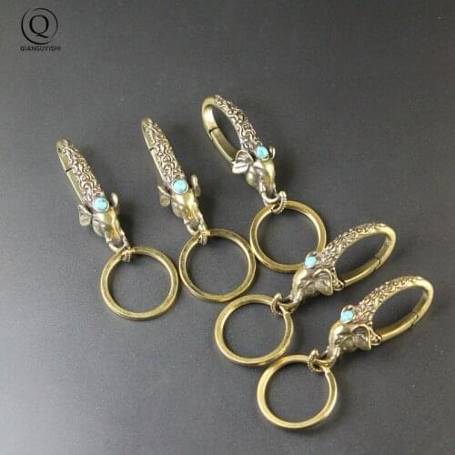 Pure Brass Skull Keychain Animal Head Key Chain Elephant Keyrings Copper Animal Skeleton Spring Hook Key Ring Handmade Accessory