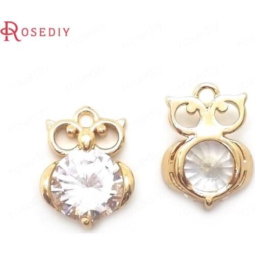 C560)6 pieces 15x10mm 24K Champagne Gold Color Brass + Zircon Owl Charms Pendants High Quality Diy Jewelry Findings Accessories
