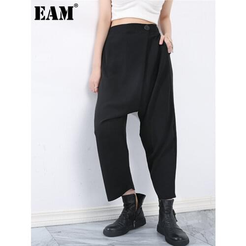 [EAM] High Elastic Waist Black Single Button long Harem Trousers New Loose Fit Pants Women Fashion Spring Autumn 2021 1DD661401