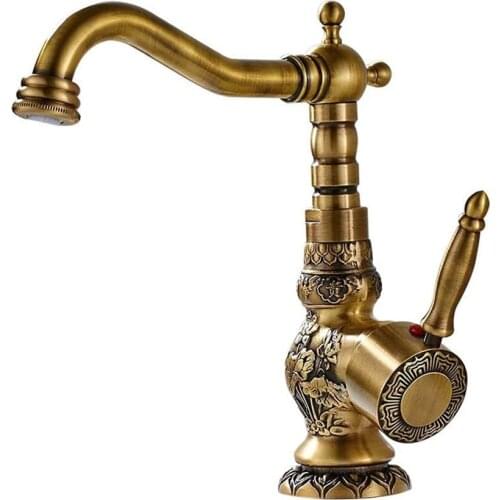 Antique Brass Kitchen Faucets Hot & Cold Copper Carved Sink Mixer Tap Single Handle Deck Mounted Rotating Basin Crane Vessel
