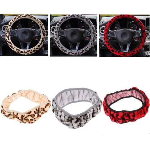 Leopard Print Plush Car Steering Wheel Cover Winter Warmer For Women Girl Lady 1PC