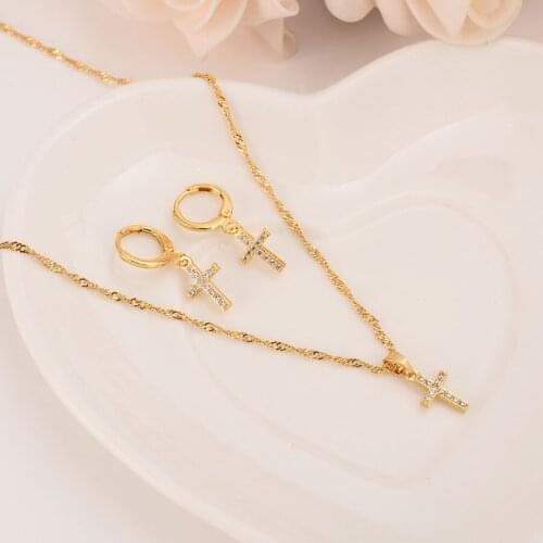 22 K 23 K 24 K Thai Baht solid gold GP crystal Cross white CZ fine Pendant Necklace New Jewelry Sets Women Chain girls