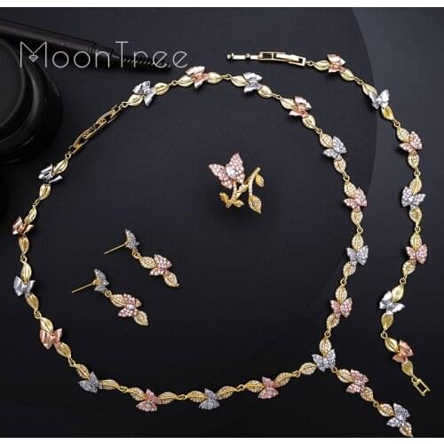 MoonTree Cubic Zirconia Leaf Animal Butterfly Wedding Engagement Bridal Necklace Bracelet Earring Ring Set For Women
