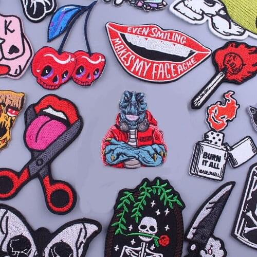 Skull Patch Iron On Patches For Clothing Animal Lips Appliques Embroidered Patches On Clothes Skeleton Stickers On Jacket DIY