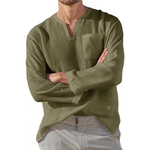 New Summer Mens Blouse Casual Men Shirt Long Sleeve Solid Color V Neck Pocket Loose T-shirt Top for Work Handsome Men Shirt 2XL