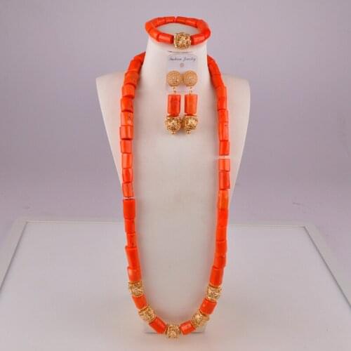 Orange Natural Coral Bead Nigeria Wedding African Bride Wedding Jewelry Woman Costume Banquet Jewelry Accessories Set AU-106