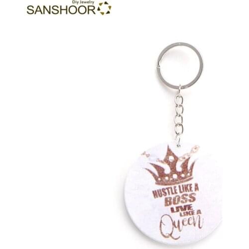 SANSHOOR Painted Crown Wooden Key Chain Hustle Like A Boss Live Like A Queen Blacks Power Key Ring Christmas Gift 1pcs