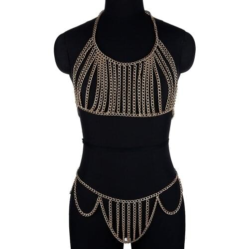 Sexy Metal Chain Bling Bikini Set Halter Bra Chain Women New Fashion Nightclub Backless Sling Body Chain Jewelry Accessories