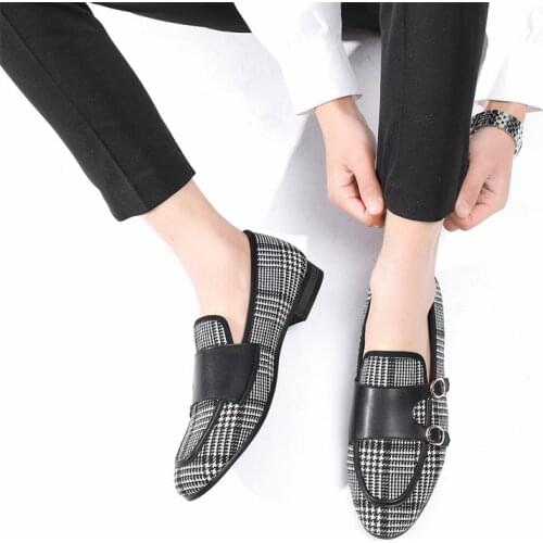 Men Dress Shoes Brand Leather Loafers Wedding Party Formal Tartan Design Casual Fashion Mens Slip on Shoes