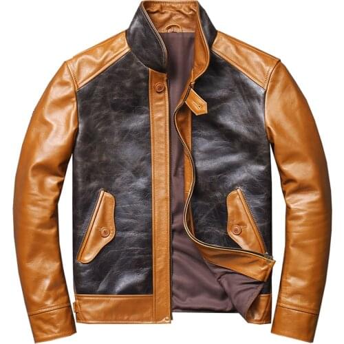 Vintage Fashion Cowhide Leather Jacket Man Genuine Leather Winter Coat Men Brand Imported Slim Fit Street Contrast Jackets 2022