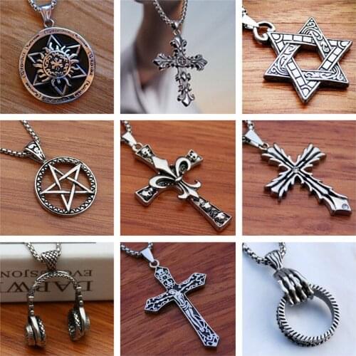 KSRA Vintage Rock Mask Cross Skull Stainless Steel Necklace For Women Men Hiphop Chain Pendant Necklaces Jewelry