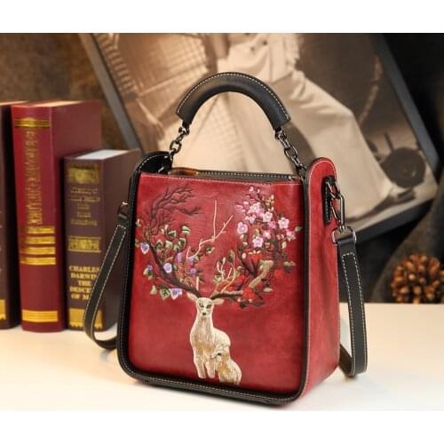 Chinese Style Genuine Leather Women Bag New Elegant Lady Mom Portable Shoulder Messenger Bag Handmade Womens Embroidered Bags