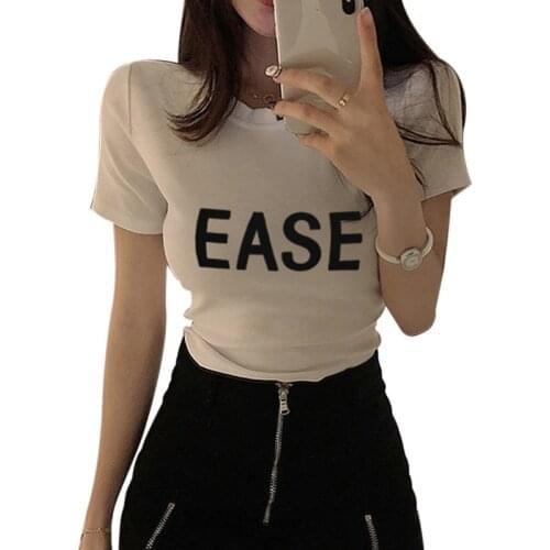 Women Slim Letter Print T-Shirt Summer Round Neck Short Sleeve Slim Short T Shirts