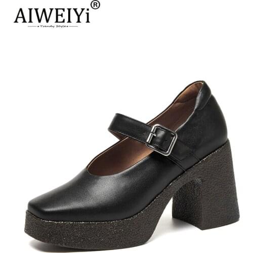 AIWEIYi 2021 Spring British Style Mary Jane Shoes Woman High Heels Shoes Thick Sole Lady Leather Shoes Thick Heel Platform Shoes