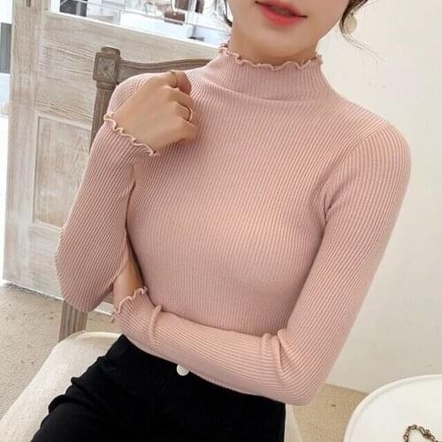 Female Slim Sexy Knitted Pullovers Women Ruffles Sweater Turtleneck Ruched Fall Winter Ladies Sweater High Elastic Solid Sweater