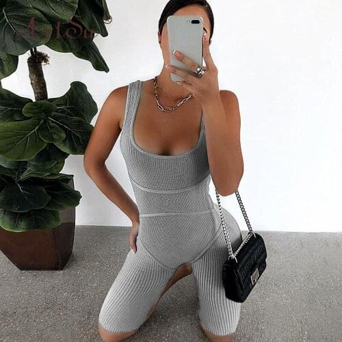 ArtSu Knitted Sexy Backless Playsuits Romper Women Scoop Neck Casual Stretch Sleeveless Playsuit Activewear Summer Black Grey