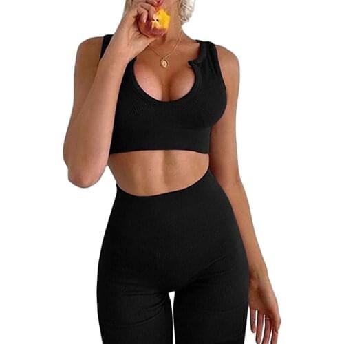 2021 Trendy Ribbed Knitted Yoga 2 Piece Set Tracksuit Women Sleeveless Vest Crop Top+Shorts Sportswear Sport Outfit Streetwear