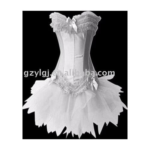 Ladies Satin Lace Up Basque Corset Separate Tutu white Sexy Lingerie S --XXL A070