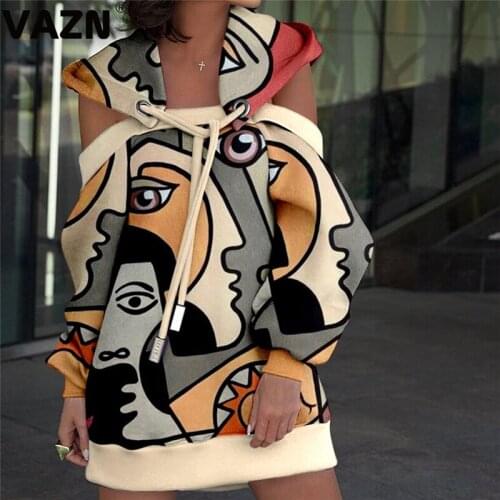 VAZN 2020 Top Quality Nature Novelty Sexy High Street Fancy Hooded Off Shoulder Full Sleeve Women Straight Mini Dress