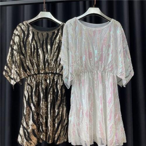 Summer Vantage Pullover Black White Stripe Round Neck Sequin Mesh Beading Loose Split Fork Chiffon Party Dresses Woman 7185