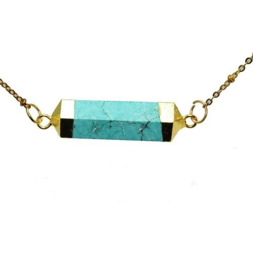 1pc Gold Bezel jewelry green howlite pendant chain necklace for men 6 Faceted Natural Stone Hexagonal connector Necklace women