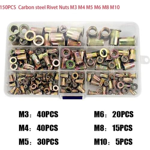 150pcs Carbon steel Rivet Nuts M3 M4 M5 M6 M8 M10 M12 Zinc Plated Knurled Nuts Flat Head Threaded Rivet Insert Nutsert Cap Rivet
