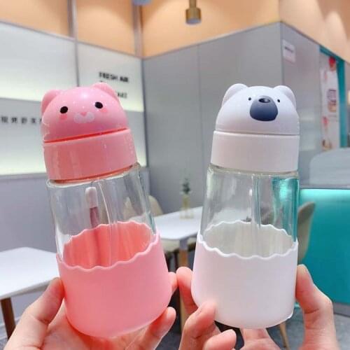320ml Baby Cartoon Animal Dinosaur Glass Drinking Water Straw Cup Straw Sippy Cup With Hand Strap and Silicone Cover