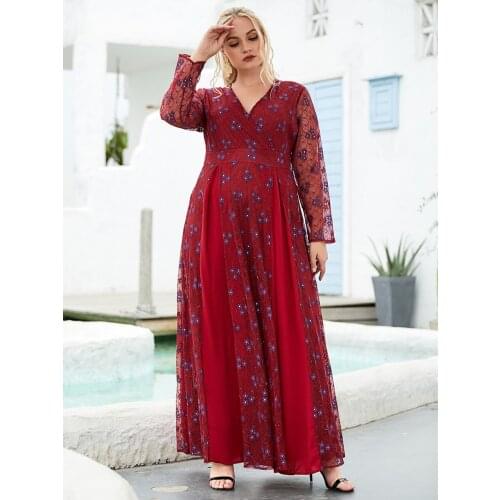 Aligaia Fashion Red Large Size Lace Hollow Dress For Women 2021 Summer Dubai Turkey Islam Muslim Fashion Long Dress Caftan Robe