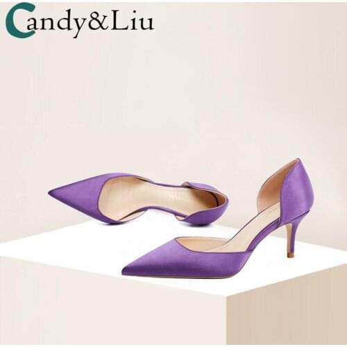Purple Satin Sandals High Heels Womens 2021 New Sexy Hollow 6cm Set of Feet Shallow Mouth Pointed Tips Fine Heels