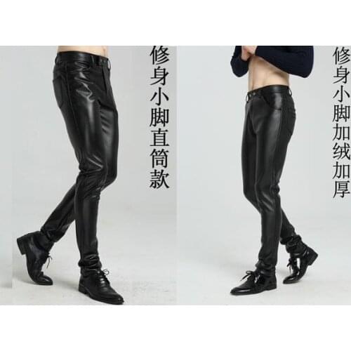 Black faux leather pants mens motorcycle pu pants fashion trousers for men Thicken plus velvet keep warm windproof autumn winter
