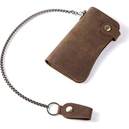 Long Cow Wallet Mens Leather Casual Clutch Bag Iron Chain Anti-Theft Buckle Wallets Men Coin ID Card Phone Bag Male Brown