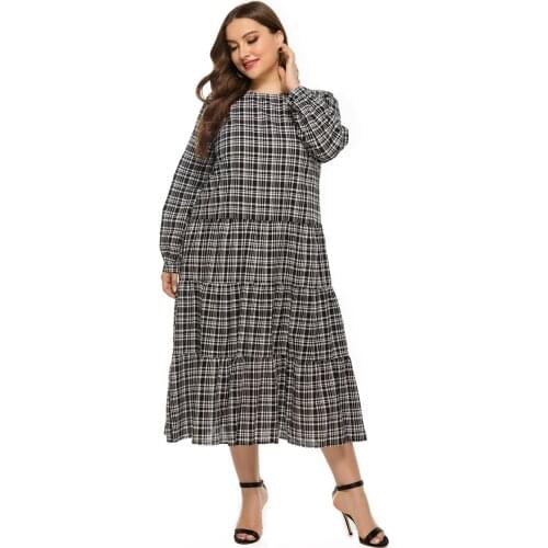 DOIB Women Large Size Dresses Plaid Lantern Sleeve Plus Size Dresses 2020 Autumn Casual Oversize Dress XL 2XL 3XL 4XL 5XL