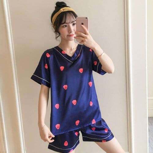 Two Pieces Blue Pajamas Young Lady V Neck Short Sleeves Shorts Summer Nightwear Sleep Cloth Silk Material In Stock NW50