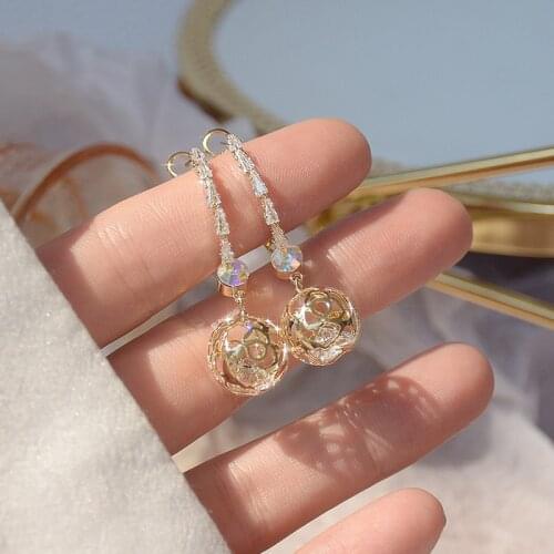 Korean Exquisite Hollow Pattern Ball Earrings For Women Luxurious 14K Real Gold Femme Ringen Drop Earring Birthday Gift Present