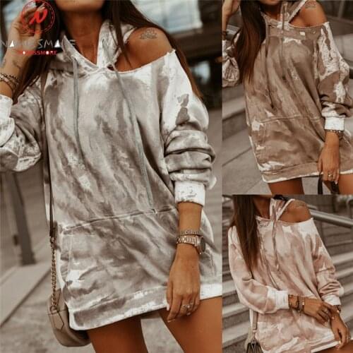 Fashion Women Tie-dye Print Hoodies Hooded Hollow Out Design Pockets Decor O-Neck Long Sleeve Spring Autumn Casual Loose Top