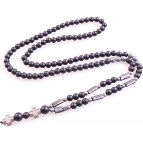 6mm stone bead & Hematite Mens Cross Pendant Necklace Jewelry