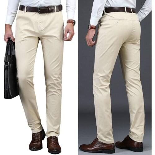 Spring Summer Khaki Black Blue Dress Men Suit Pants Casual Cotton Office Business Slim Elasticity Straight Trousers Clothing