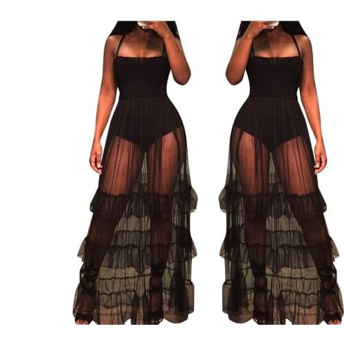 New Hot Womens Mesh See Through Bandage Cascading Ruffle Evening Party Dress Ladies Sleeveless Formal Lacework Long Dress