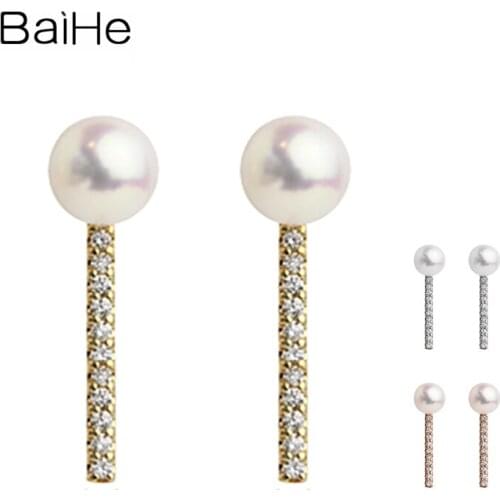 BAIHE Solid 14K Yellow/White Gold 3.5mm Round Natural Freshwater Pearl Wedding Trendy Fine Jewelry Pearl Stud Earrings For women