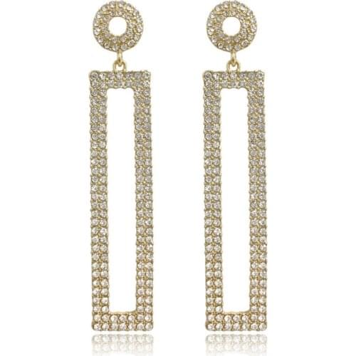 Luxury Gold Color Plating Round Long Square Clear Stone Paving Around Big Drop Earrings For Women Shiny Gorgeous Jewelry