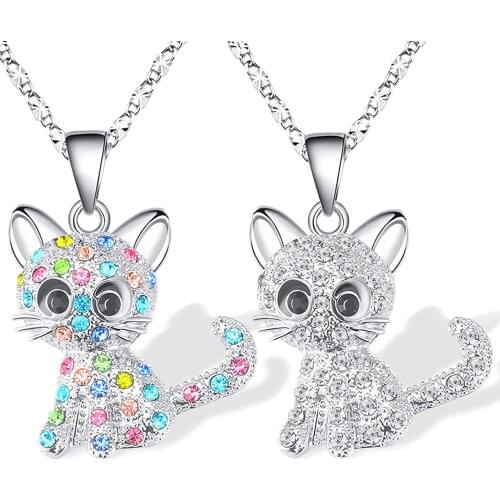 Rhinestone Crystal Cat Pendant Necklace for Women Children Colorful Quartz Cute Animal Necklaces Pendants Jewelry Gifts