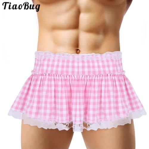 TiaoBug Unisex Gay Sissy Men Women Elastic Waistband Short Skirt With Lace Hem Pleated Gingham A-Line Mini Skirt