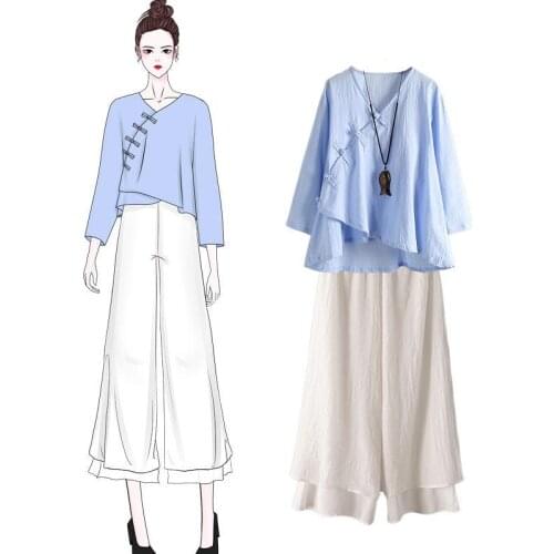 Traditional Chinese Clothing Women Hanfu Linen Shirt Oriental Top Yoga Sets Blouse Loose Wide Leg Pants Trousers Kung Fu Uniform