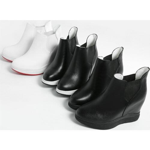 High Top Platform Pumps Shoes Women Genuine Leather Wedges High Heel Motorcycle Boots Female Slip On Round Toe Fashion Sneakers