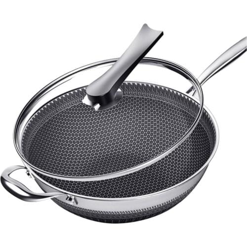 US Stock New non-stick pan double-sided honeycomb 304 stainless steel wok without oil smoke frying pan wok without phosphorus