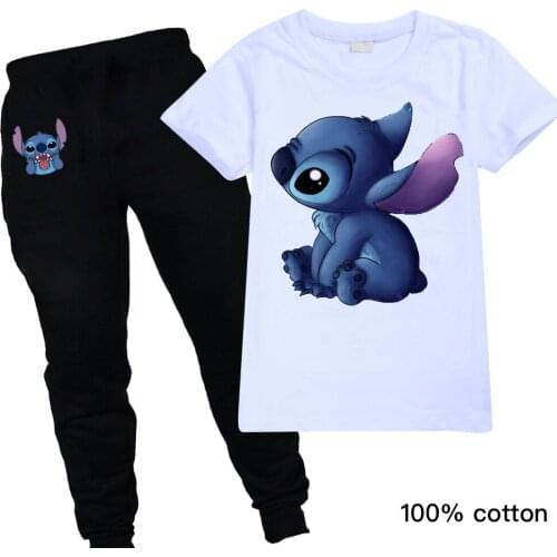 Cartoon animation Stitch print short-sleeved boys and girls summer print sports casual T-shirt trousers suit