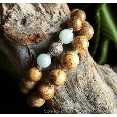 Tan Picture Stone and Amazonite Beads Pave CZ Ball Bracelet Set SE21618