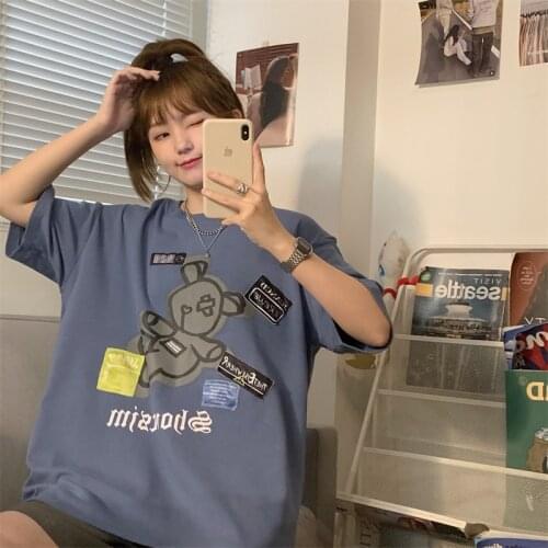 Short-sleeved t-shirt female summer 2021 new bear cartoon loose compassionate tide wild round neck Harajuku style